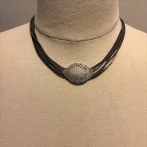 Vintage Turkish silver multi strand necklace with etched medallions c.1920s